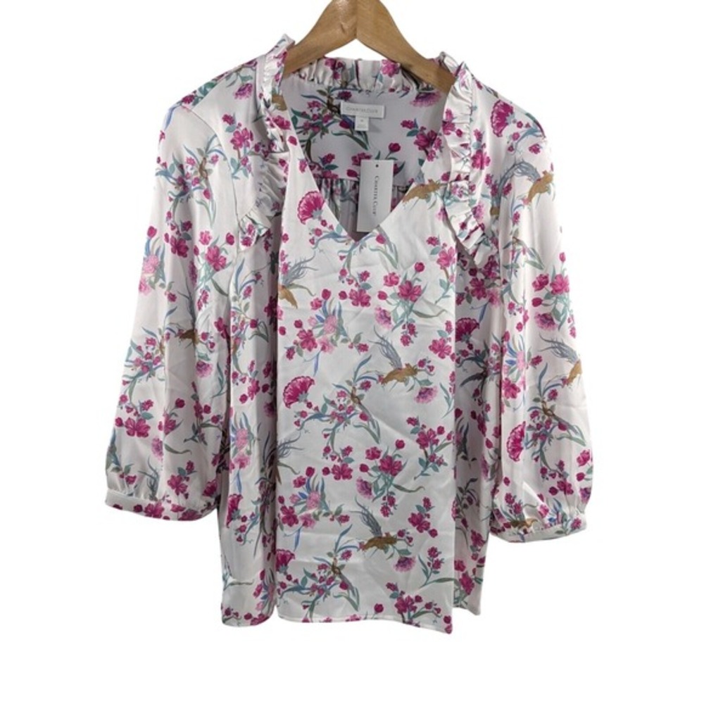 Charter Club Womens Bird Floral‎ Ruffle Top XL NWT Multicolor 3/4 Sleeve Novelty